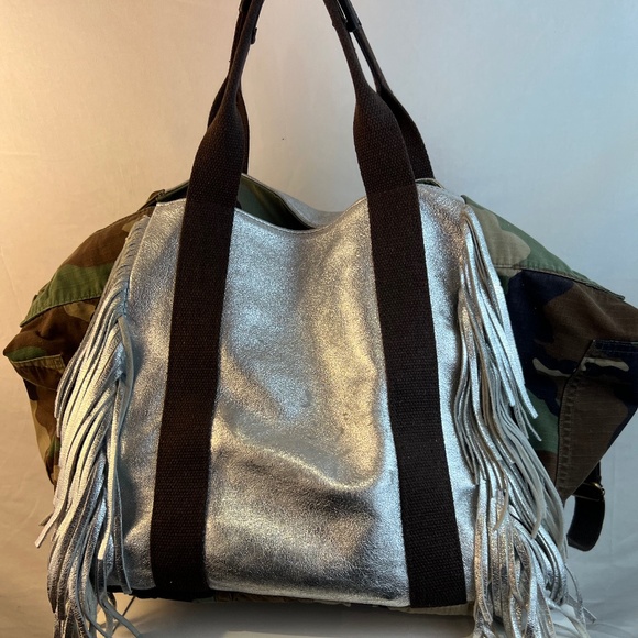 Silver Fringed Leather with Camo Fabric Hybrid Bag - Picture 14 of 16